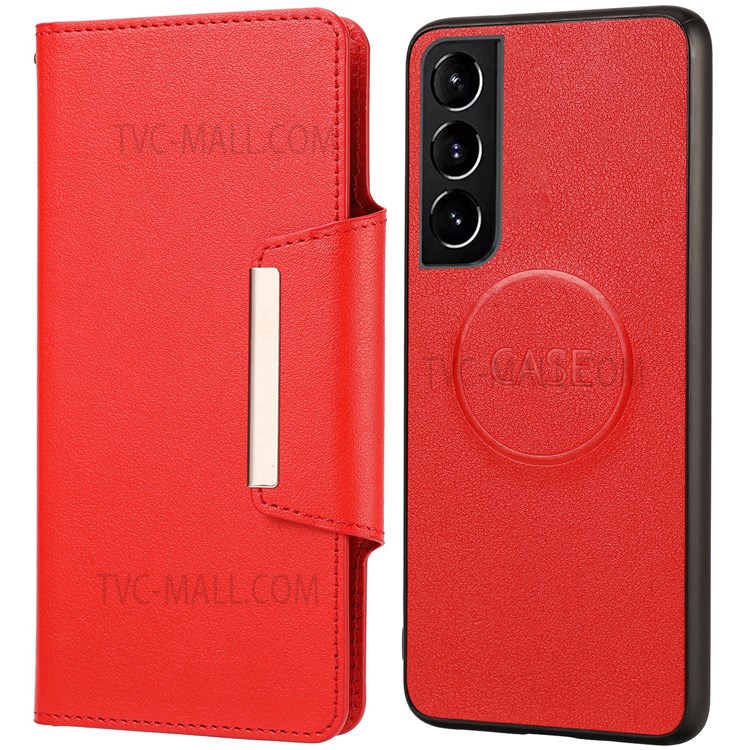 Ultra-thin Detachable Drop-proof Leather Wallet Phone Case Shell for Samsung Galaxy S22 - Red-1