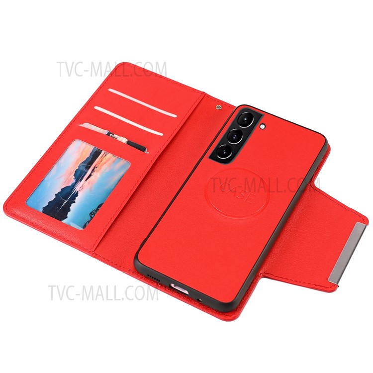 Ultra-thin Detachable Drop-proof Leather Wallet Phone Case Shell for Samsung Galaxy S22 - Red-6