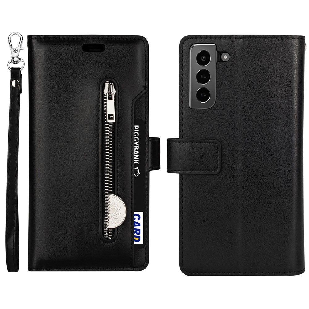 Multi-function Leather Case Wallet Stand Design Well-protected Drop-proof Phone Shell with Zipper Pocket for Samsung Galaxy S22 - Black-1