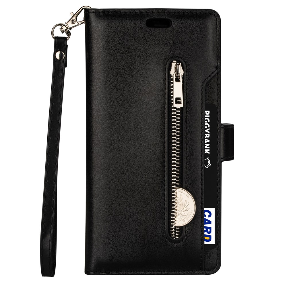 Multi-function Leather Case Wallet Stand Design Well-protected Drop-proof Phone Shell with Zipper Pocket for Samsung Galaxy S22 - Black-2