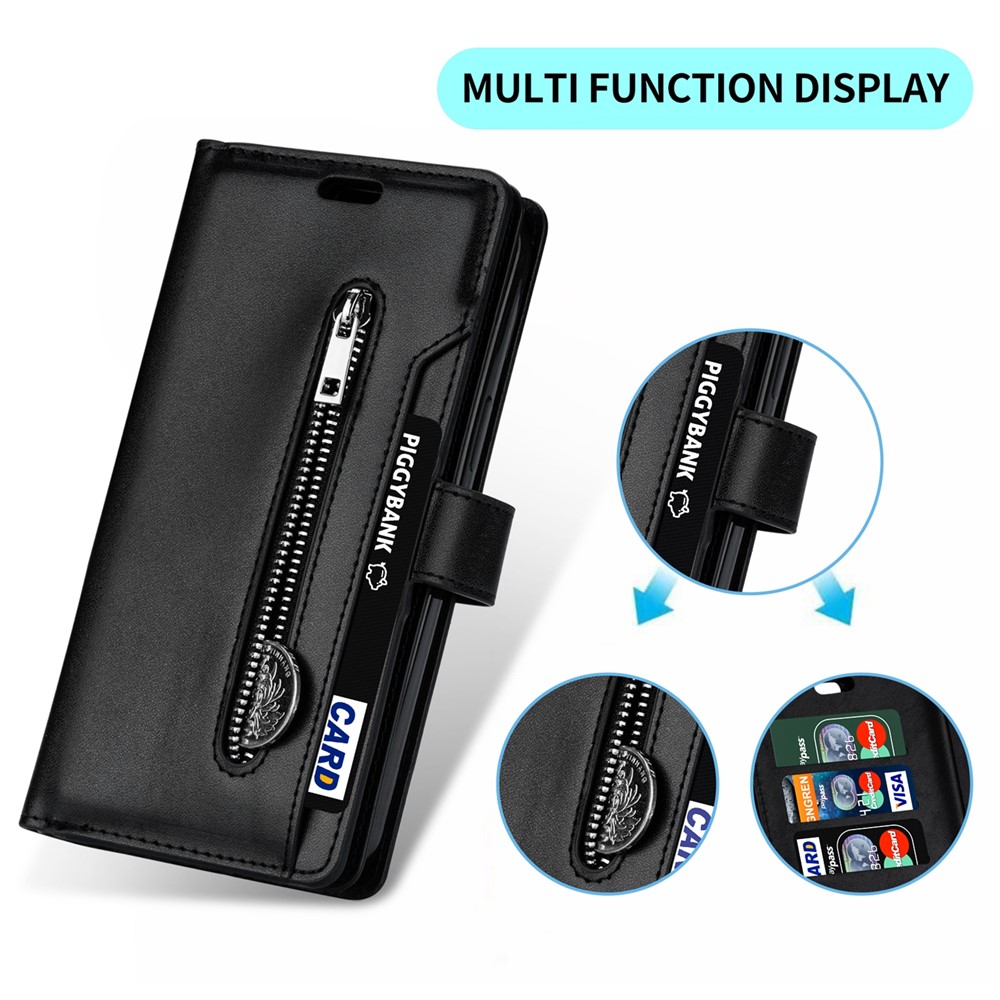 Multi-function Leather Case Wallet Stand Design Well-protected Drop-proof Phone Shell with Zipper Pocket for Samsung Galaxy S22 - Black-7