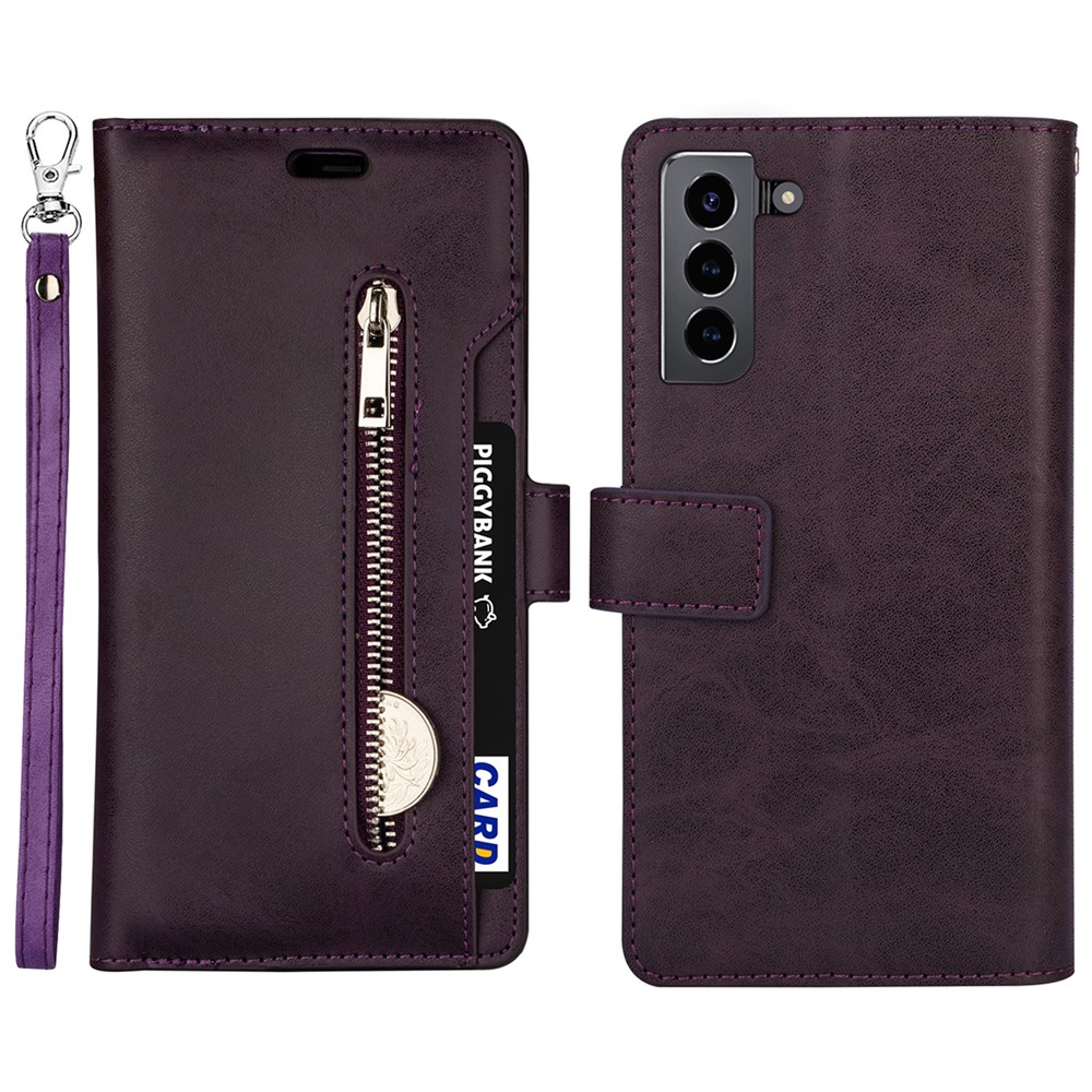 Multi-function Leather Protective Case Wallet Stand Design Wrist Strap Phone Cover with Zipper Pocket for Samsung Galaxy S22 Plus - Black-4