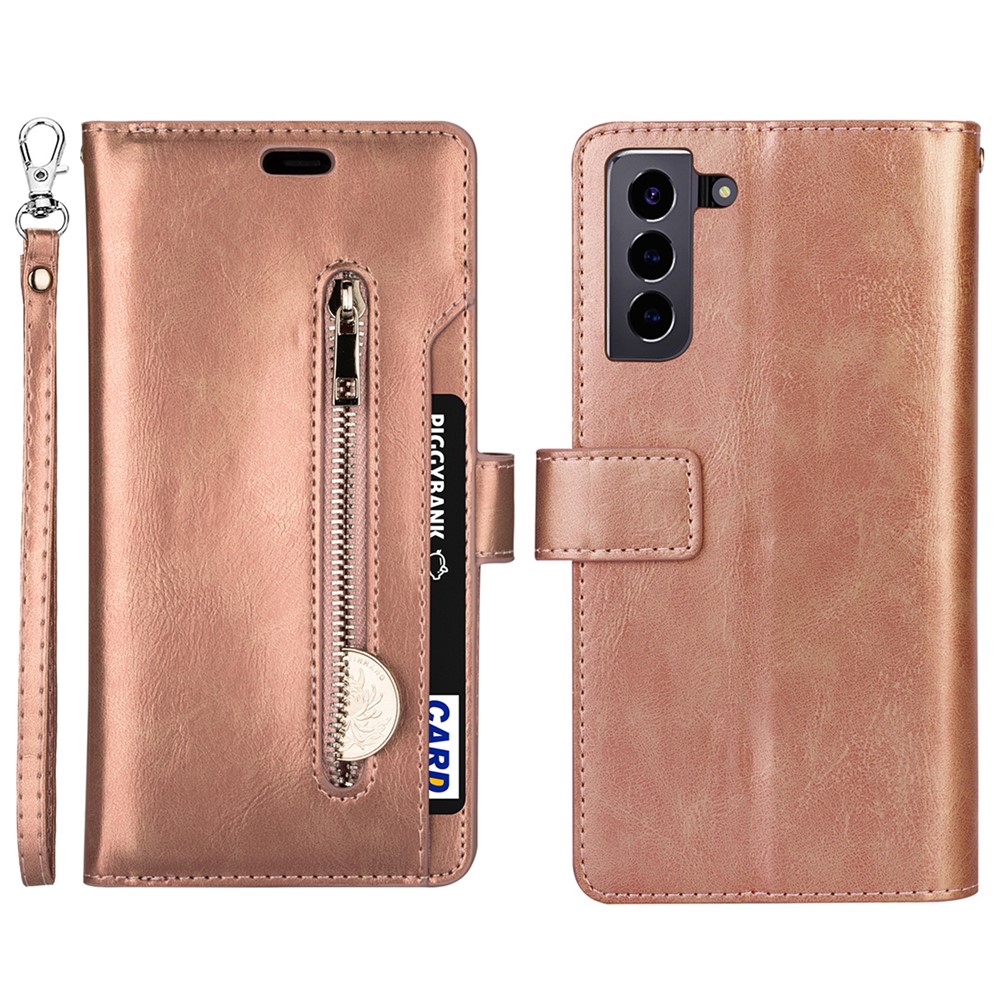 Multi-function Leather Protective Case Wallet Stand Design Wrist Strap Phone Cover with Zipper Pocket for Samsung Galaxy S22 Plus - Black-7