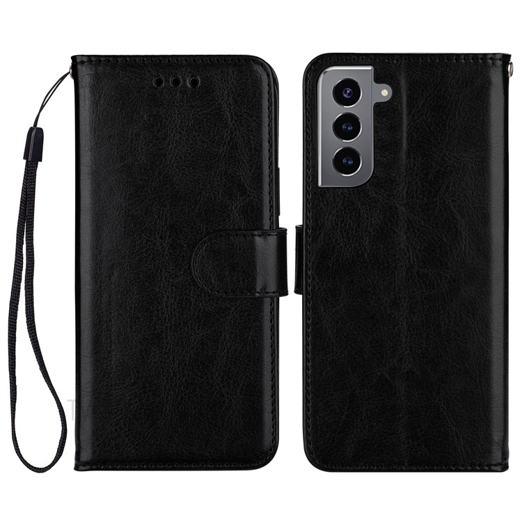 Crazy Horse Texture Solid Color PU Leather Case Stand Wallet Design Flip Cover with Strap for Samsung Galaxy S22 Plus - Black-1