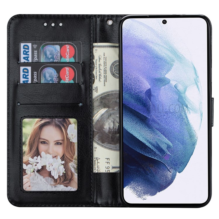 Crazy Horse Texture Solid Color PU Leather Case Stand Wallet Design Flip Cover with Strap for Samsung Galaxy S22 Plus - Black-4