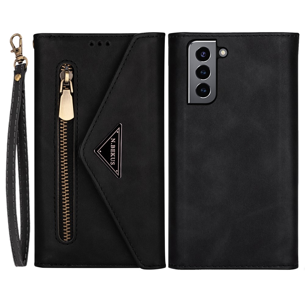 All-round Protection Leather Zipper Wallet Design Skin Feeling Long and Short Strap Phone Case with Stand for Samsung Galaxy S22 Plus - Black-1