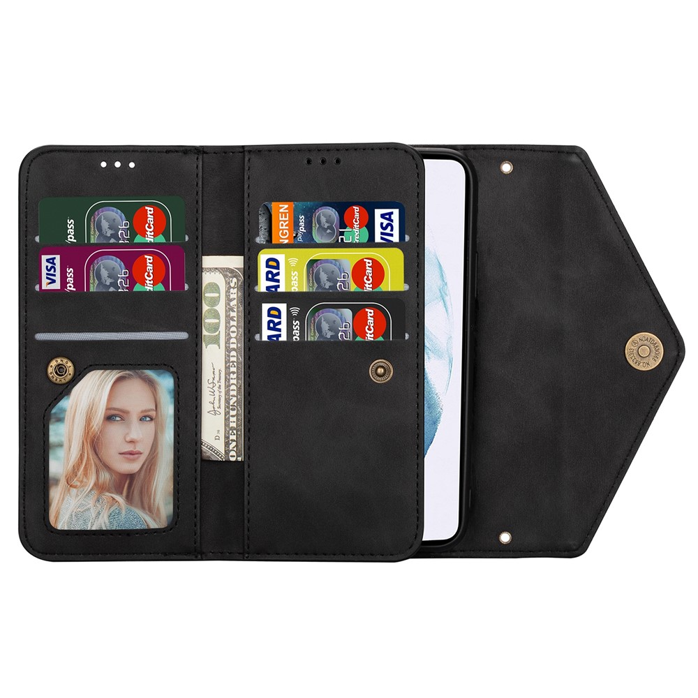 All-round Protection Leather Zipper Wallet Design Skin Feeling Long and Short Strap Phone Case with Stand for Samsung Galaxy S22 Plus - Black-4