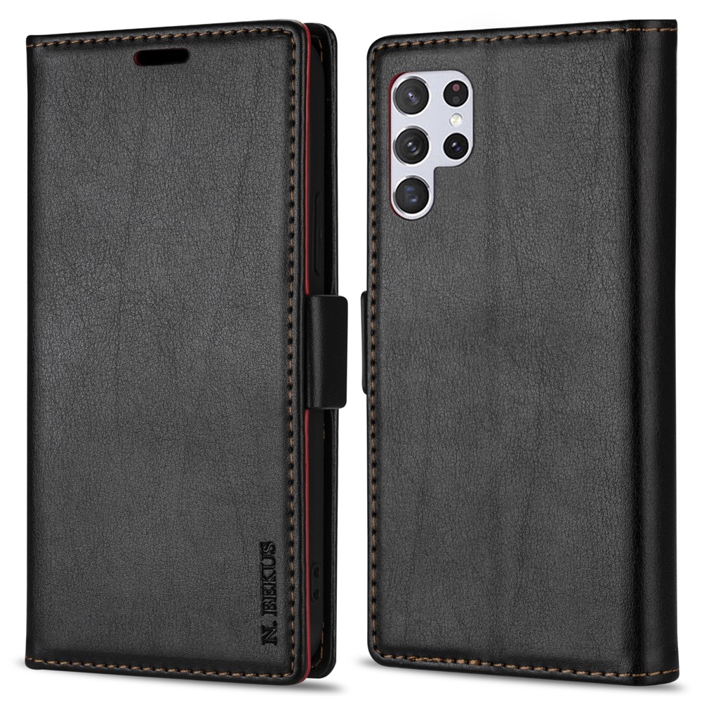 N.BEKUS Flip Phone Cover Shockproof Skin-Touch Feeling Magnetic Clasp PU Leather Case with Wallet Stand for Samsung Galaxy S22 Ultra - Black-1