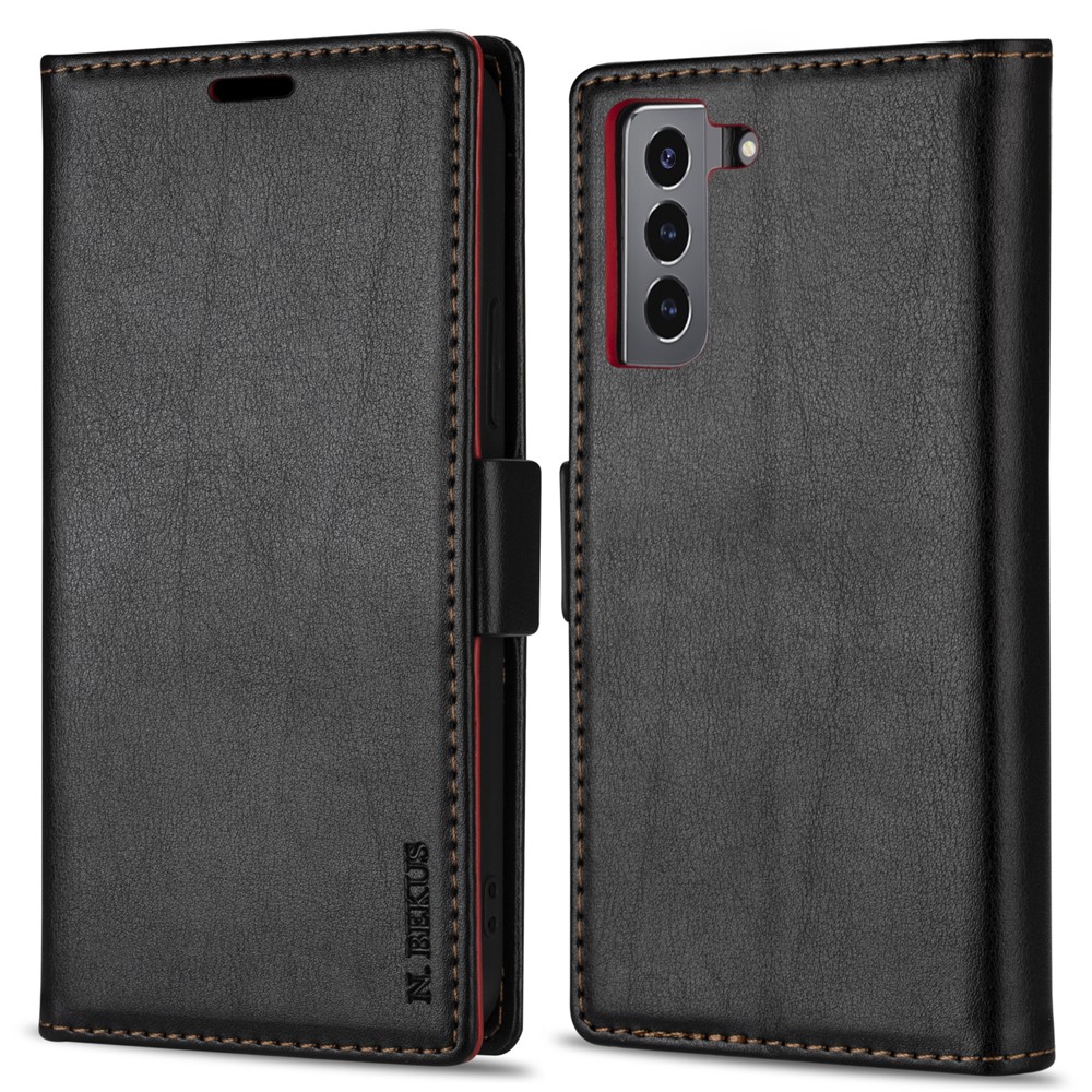 N.BEKUS Shockproof Flip Phone Cover Wallet Stand Shockproof Skin-Touch Feeling Magnetic Clasp PU Leather+TPU Phone Case for Samsung Galaxy S22 - Black-1
