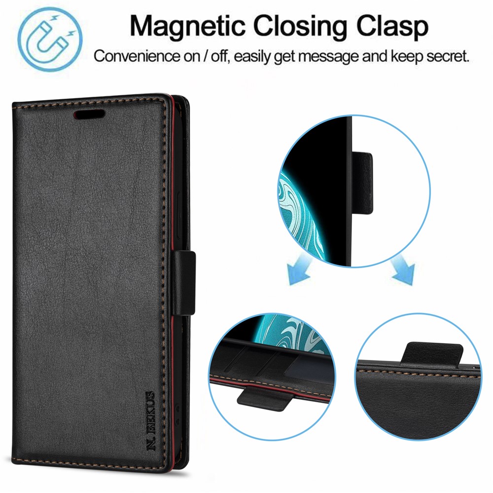 N.BEKUS Shockproof Flip Phone Cover Wallet Stand Shockproof Skin-Touch Feeling Magnetic Clasp PU Leather+TPU Phone Case for Samsung Galaxy S22 - Black-7