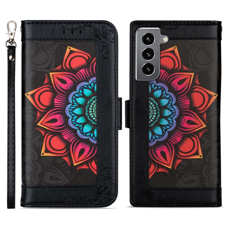 Flower Patterned Wallet Design Anti-fall Magnetic Closure PU Leather Protective Phone Case with Multiple Slots for Samsung Galaxy S22 - Black-1