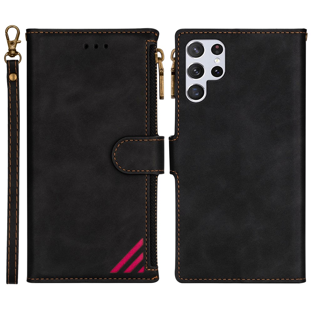 Handy Strap PU Leather Case Drop-proof Wallet Stand Cover with Zipper Pocket for Samsung Galaxy S22 Ultra - Black-1