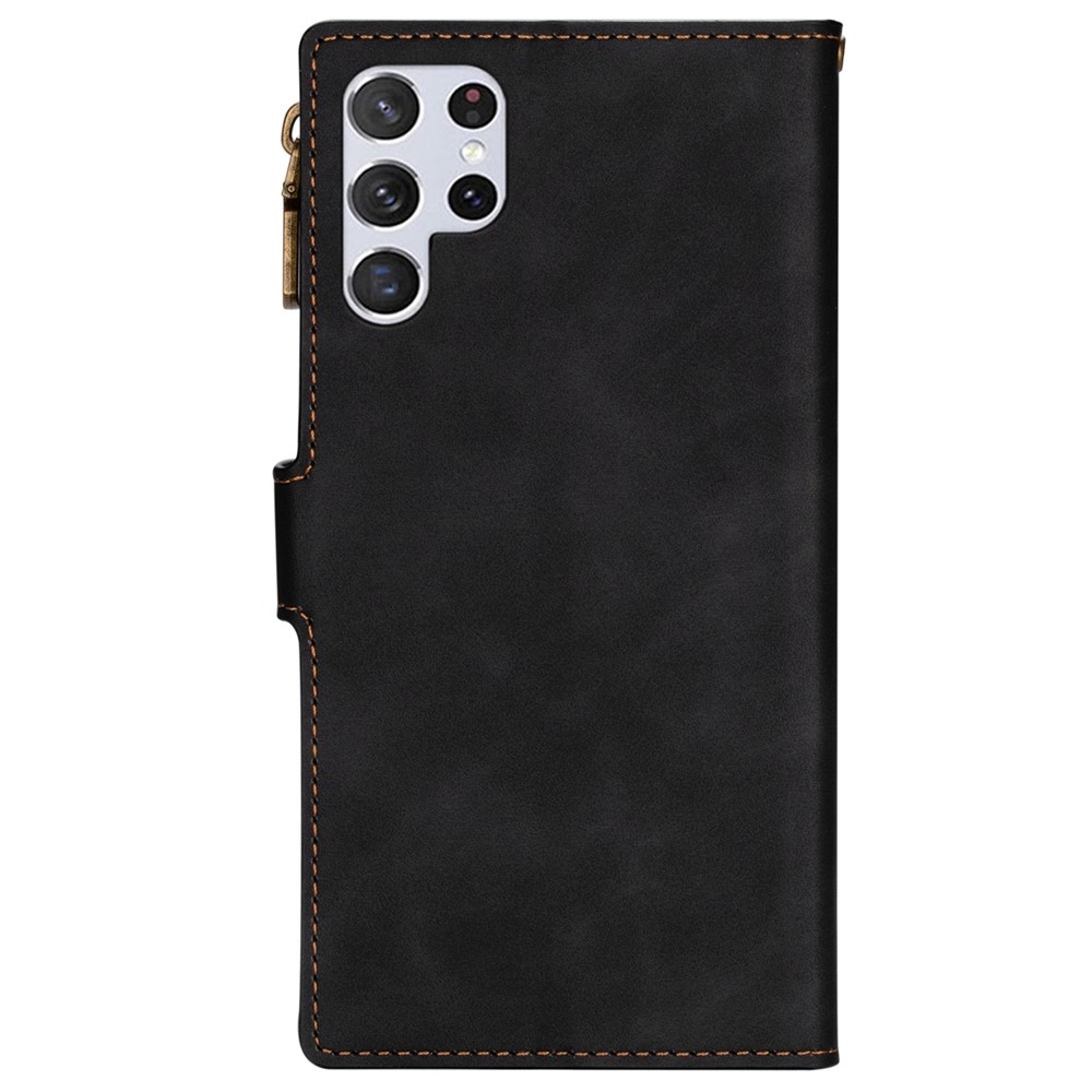 Handy Strap PU Leather Case Drop-proof Wallet Stand Cover with Zipper Pocket for Samsung Galaxy S22 Ultra - Black-3