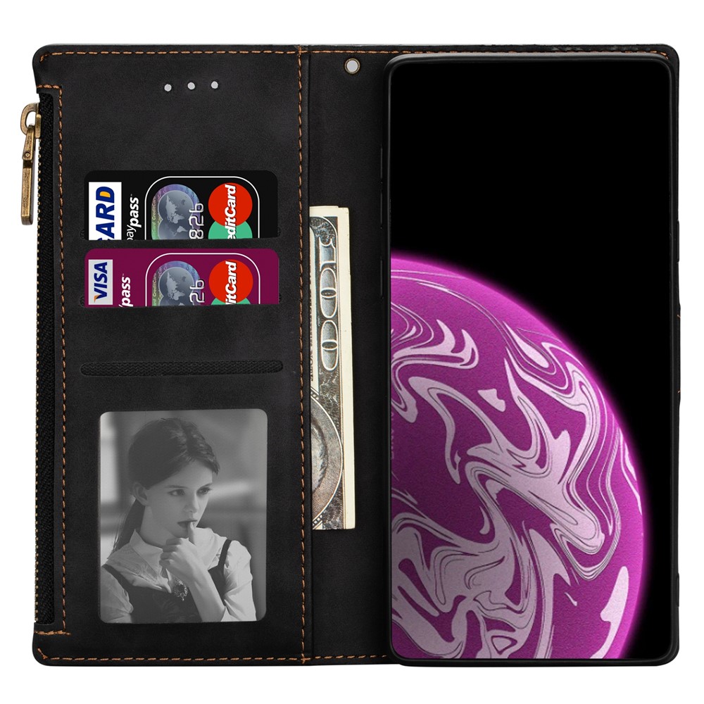 Handy Strap PU Leather Case Drop-proof Wallet Stand Cover with Zipper Pocket for Samsung Galaxy S22 Ultra - Black-4