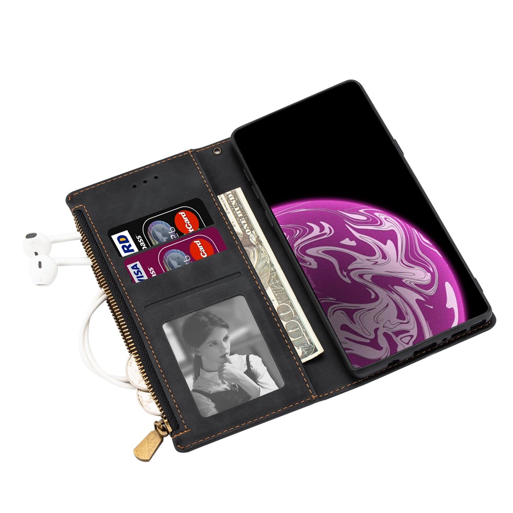 Handy Strap PU Leather Case Drop-proof Wallet Stand Cover with Zipper Pocket for Samsung Galaxy S22 Ultra - Black-6