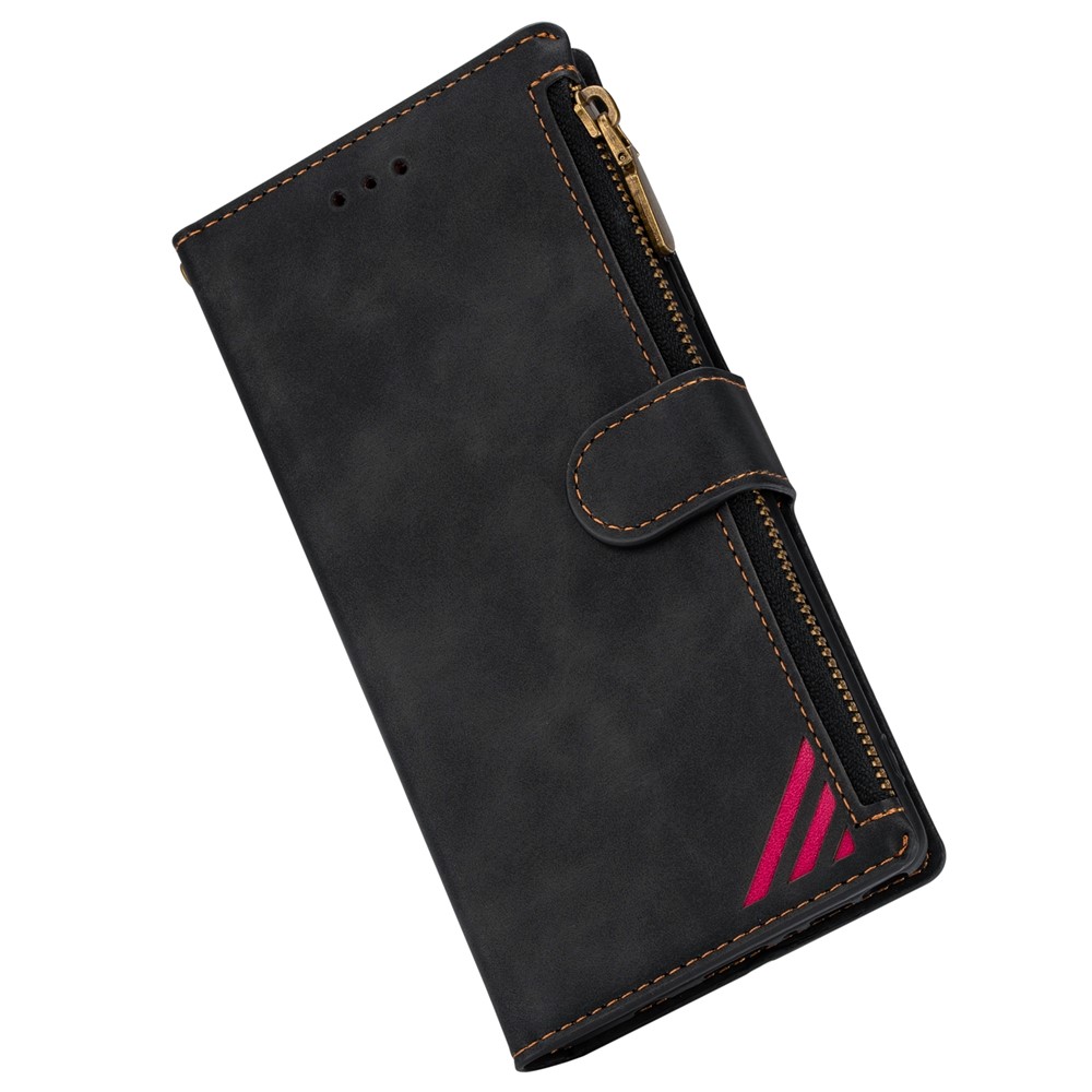 Handy Strap PU Leather Case Drop-proof Wallet Stand Cover with Zipper Pocket for Samsung Galaxy S22 Ultra - Black-7