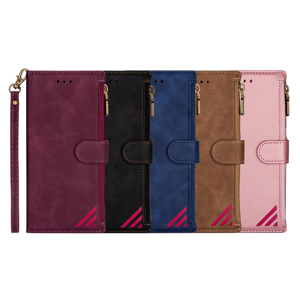 Handy Strap PU Leather Case Drop-proof Wallet Stand Cover with Zipper Pocket for Samsung Galaxy S22 Ultra - Black-9