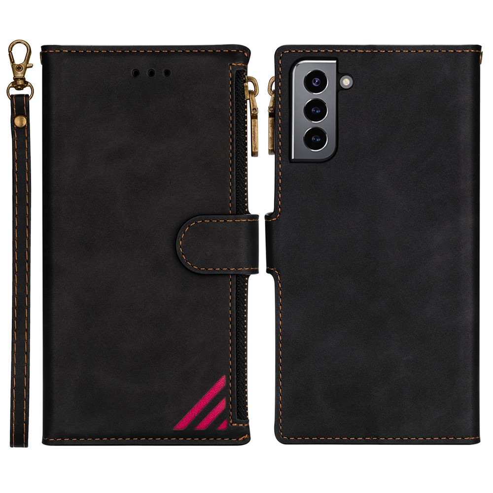 Scratch-resistant PU Leather Case Wallet Stand Cover Shell with Zipper Pocket for Samsung Galaxy S22 Plus - Black-1