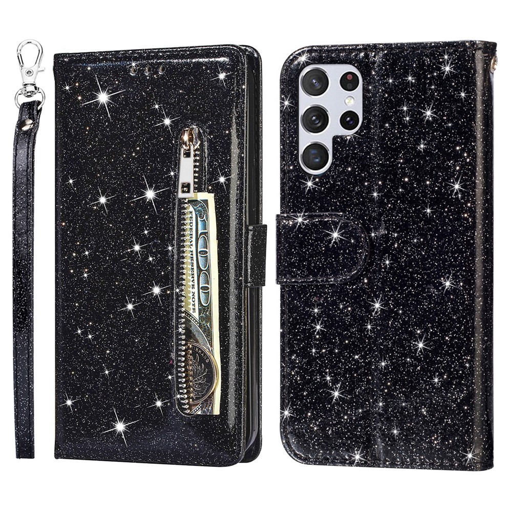 Glitter Sequins Stylish Zipper Pocket Drop-proof Anti-scratch Flip Leather Phone Case Cover with Wallet and Stand for Samsung Galaxy S22 Ultra - Black-1
