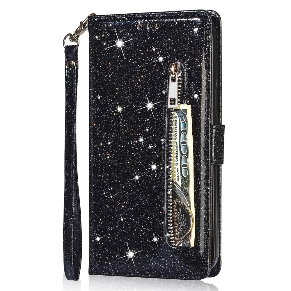 Glitter Sequins Stylish Zipper Pocket Drop-proof Anti-scratch Flip Leather Phone Case Cover with Wallet and Stand for Samsung Galaxy S22 Ultra - Black-2