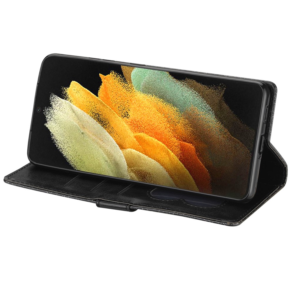 Glitter Sequins Stylish Zipper Pocket Drop-proof Anti-scratch Flip Leather Phone Case Cover with Wallet and Stand for Samsung Galaxy S22 Ultra - Black-5
