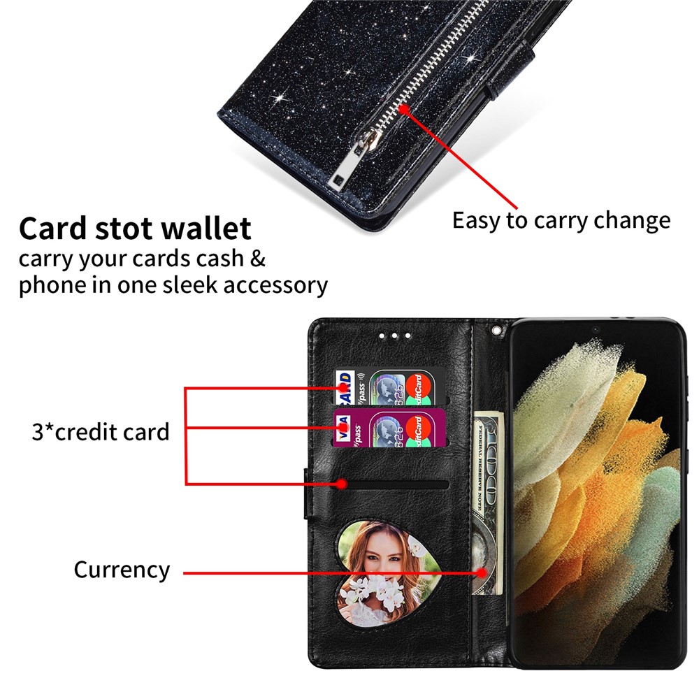 Glitter Sequins Stylish Zipper Pocket Drop-proof Anti-scratch Flip Leather Phone Case Cover with Wallet and Stand for Samsung Galaxy S22 Ultra - Black-6
