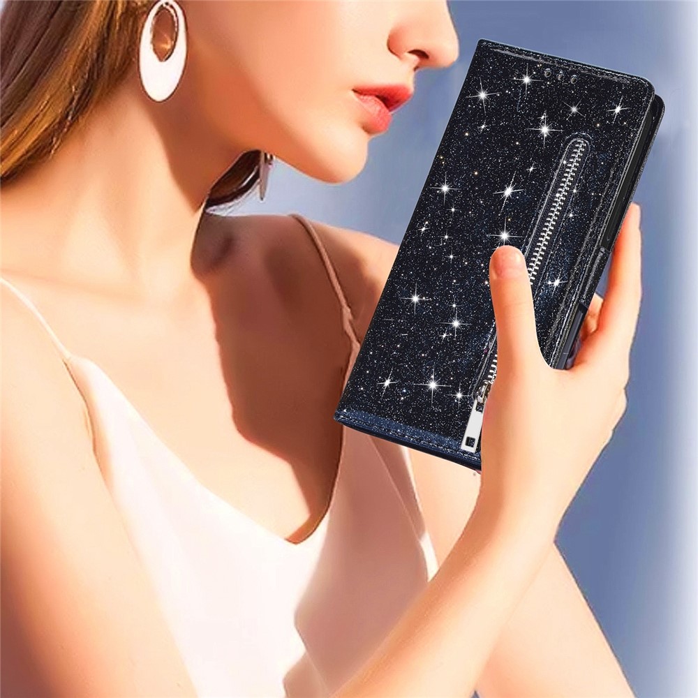 Glitter Sequins Stylish Zipper Pocket Drop-proof Anti-scratch Flip Leather Phone Case Cover with Wallet and Stand for Samsung Galaxy S22 Ultra - Black-7