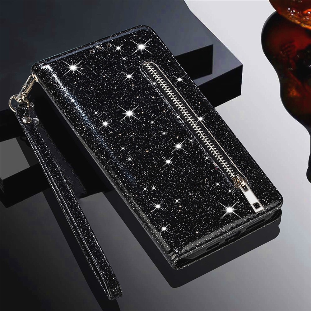 Glitter Sequins Stylish Zipper Pocket Drop-proof Anti-scratch Flip Leather Phone Case Cover with Wallet and Stand for Samsung Galaxy S22 Ultra - Black-8
