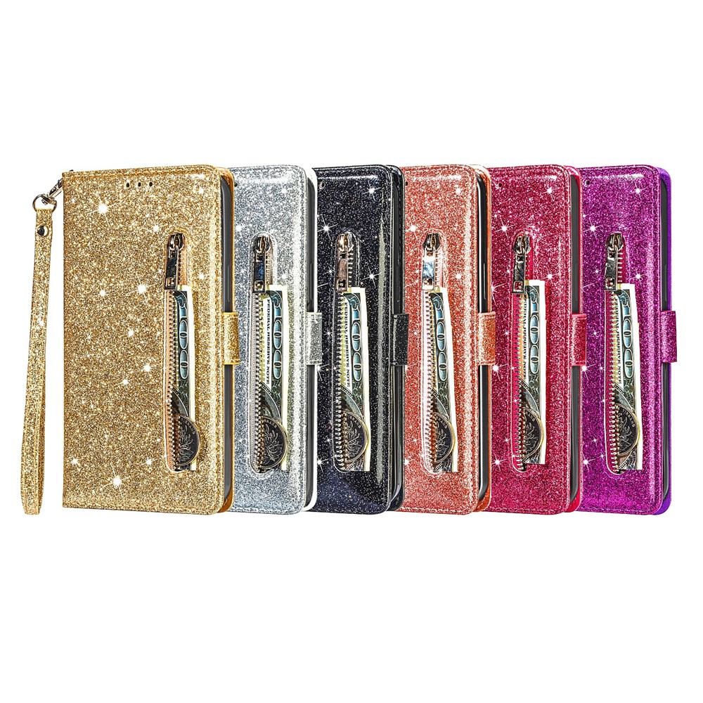 Glitter Sequins Stylish Zipper Pocket Drop-proof Anti-scratch Flip Leather Phone Case Cover with Wallet and Stand for Samsung Galaxy S22 Ultra - Black-9