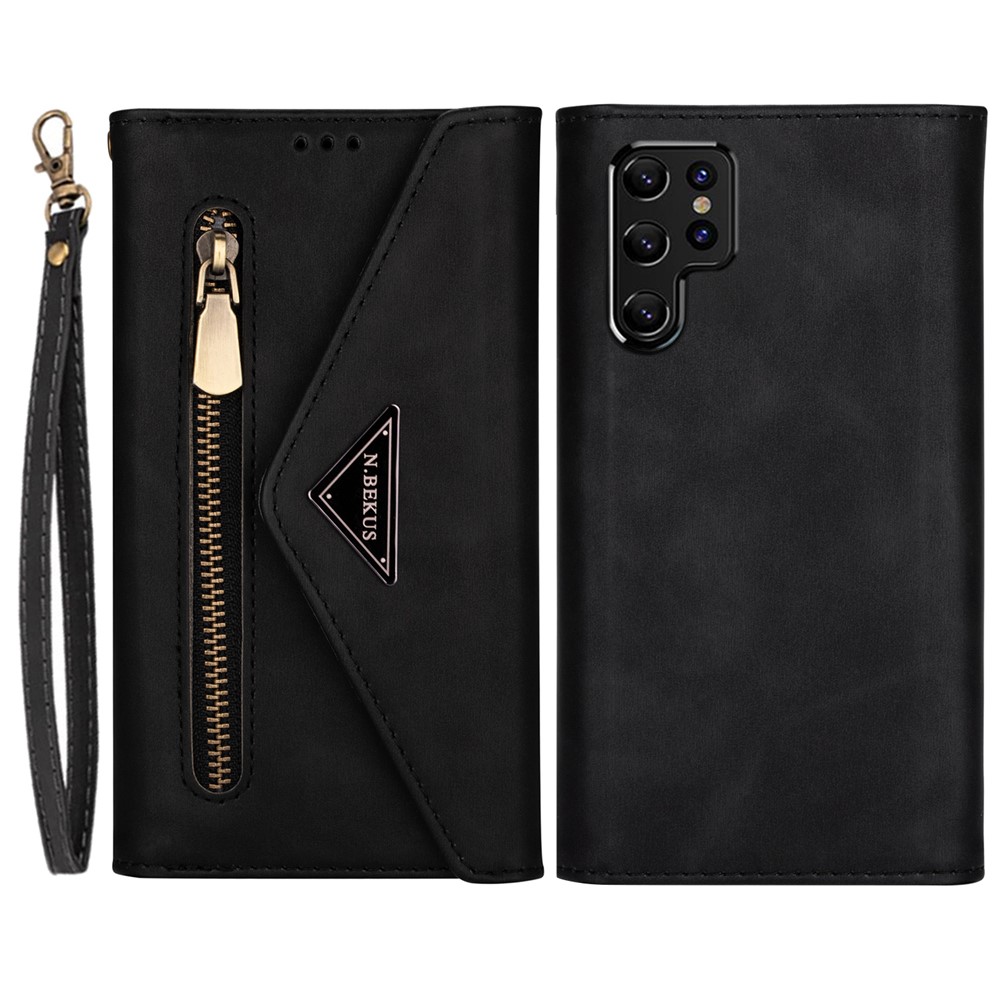 Skin Feeling Leather Zipper Wallet Design Full Protection Phone Case Cover with Stand and Strap for Samsung Galaxy S22 Ultra - Black-1