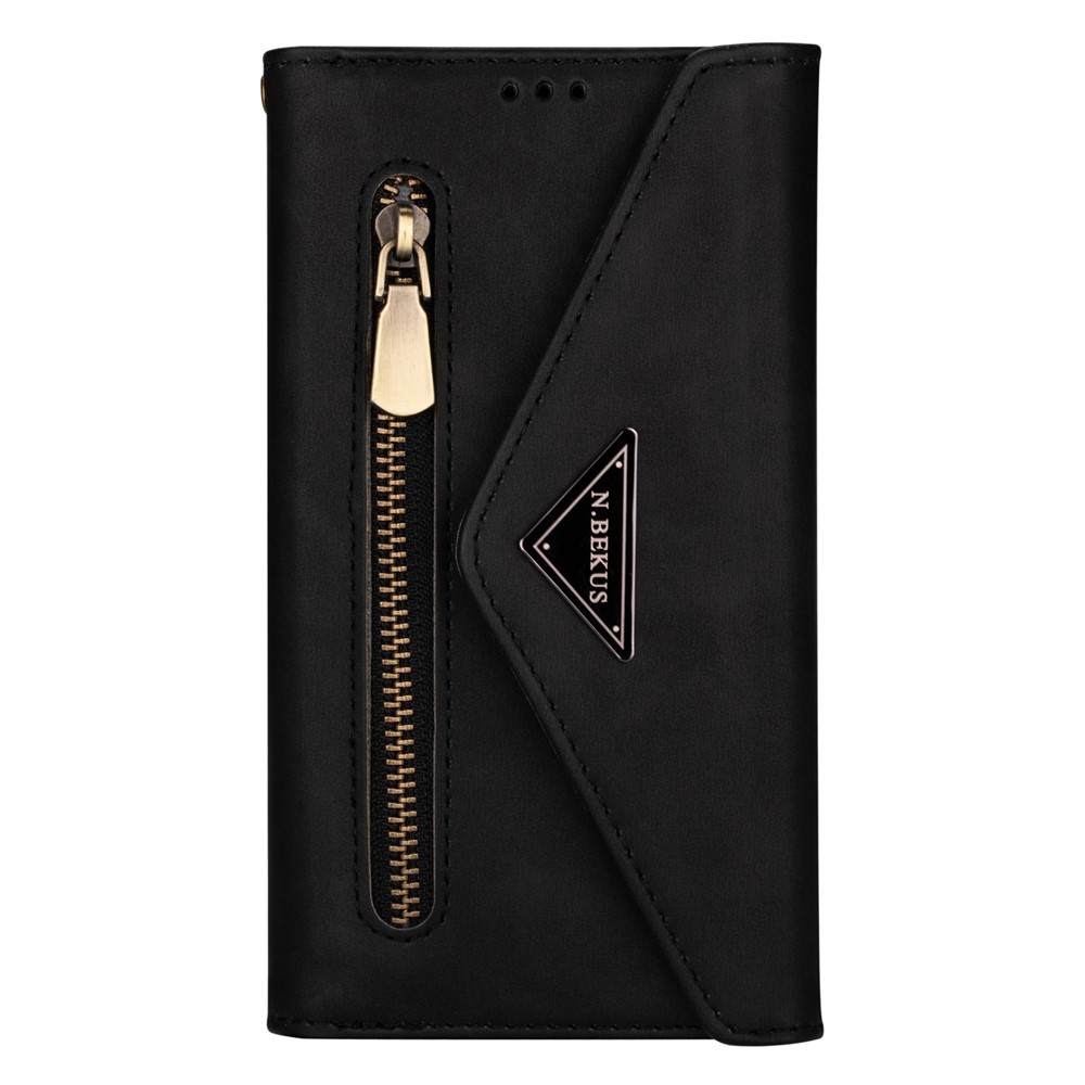 Skin Feeling Leather Zipper Wallet Design Full Protection Phone Case Cover with Stand and Strap for Samsung Galaxy S22 Ultra - Black-2