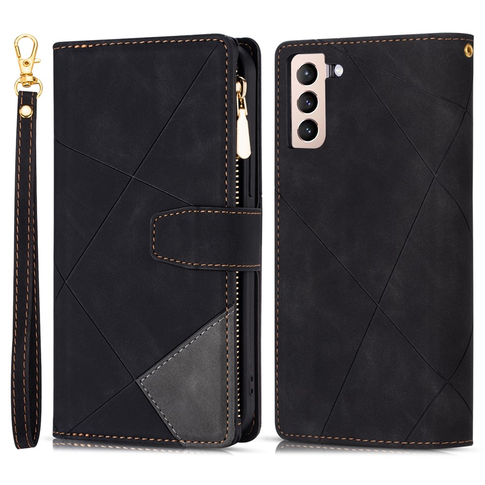 Zipper Pocket Color Splicing Lines Design Case Well-protected PU Leather Wallet Stand Phone Cover for Samsung Galaxy S22 - Black-1