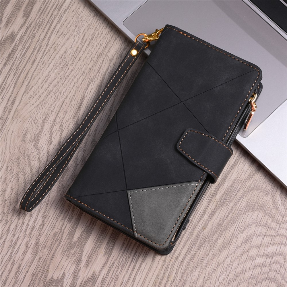 Zipper Pocket Color Splicing Lines Design Case Well-protected PU Leather Wallet Stand Phone Cover for Samsung Galaxy S22 - Black-10