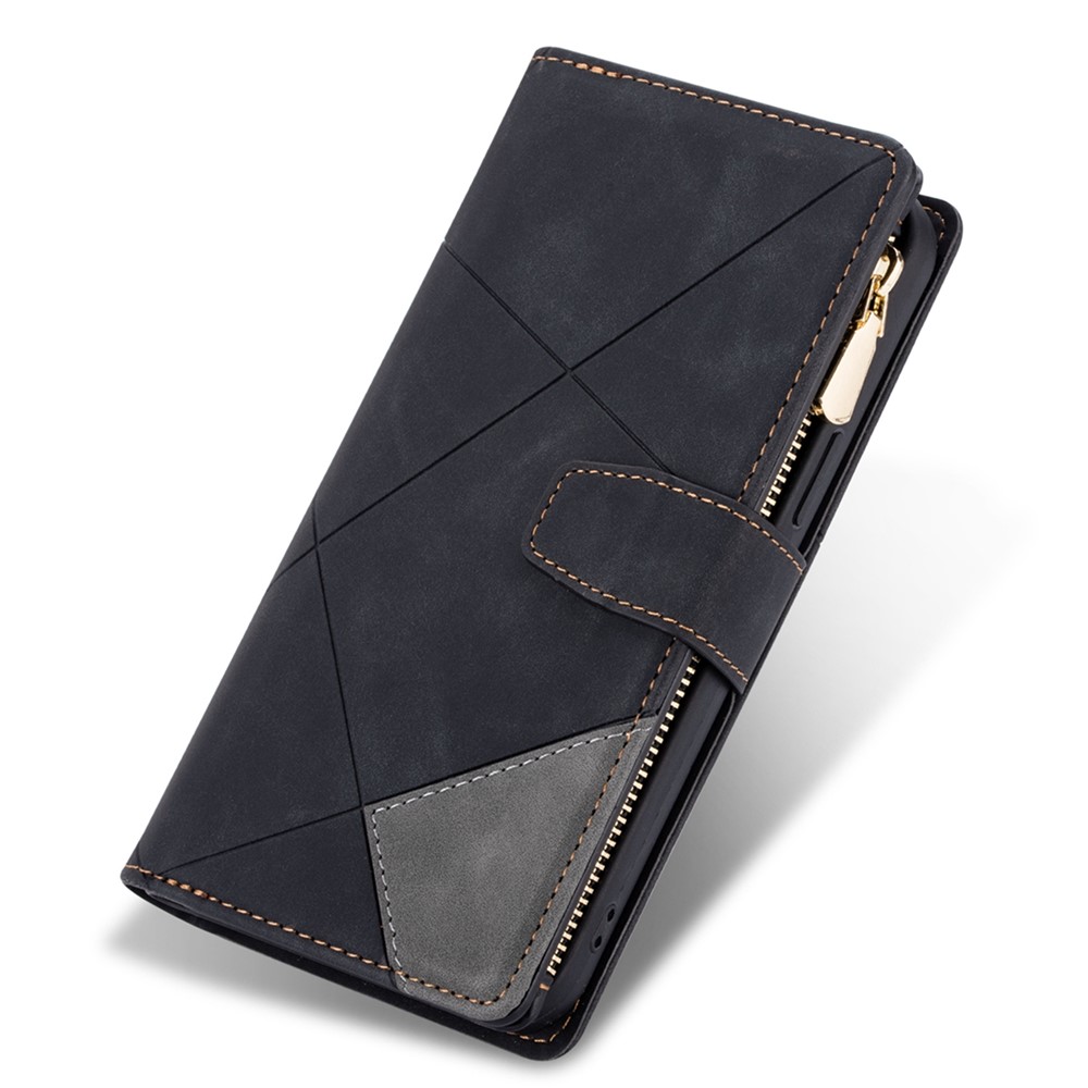 Zipper Pocket Color Splicing Lines Design Case Well-protected PU Leather Wallet Stand Phone Cover for Samsung Galaxy S22 - Black-11