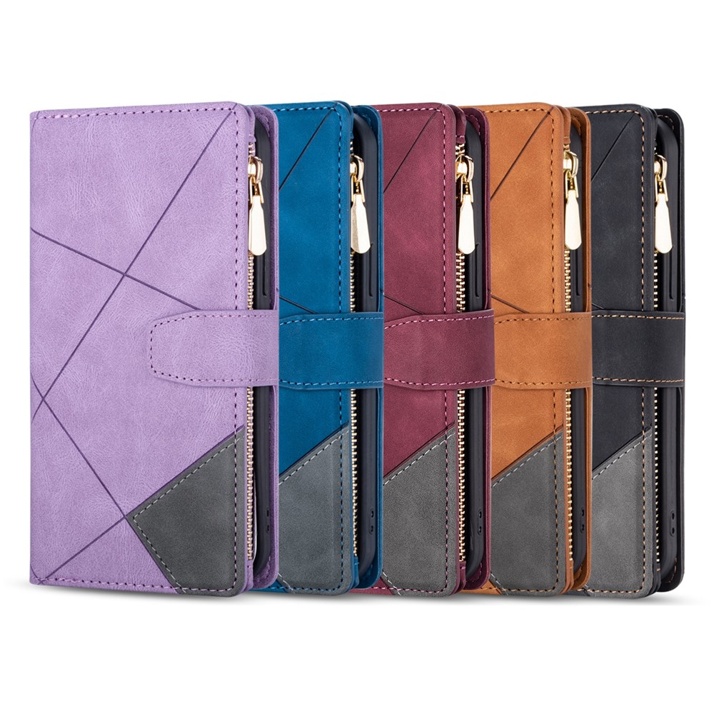 Zipper Pocket Color Splicing Lines Design Case Well-protected PU Leather Wallet Stand Phone Cover for Samsung Galaxy S22 - Black-12