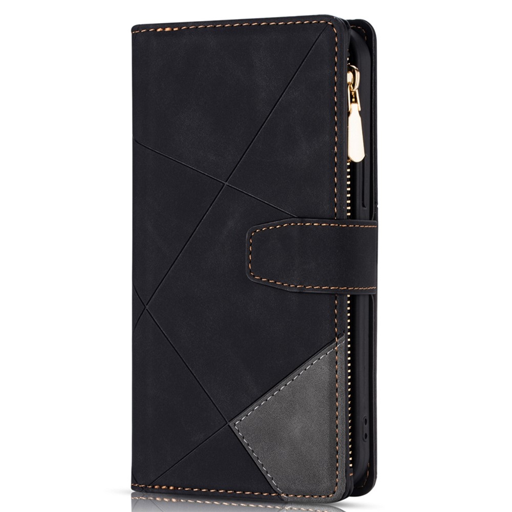 Zipper Pocket Color Splicing Lines Design Case Well-protected PU Leather Wallet Stand Phone Cover for Samsung Galaxy S22 - Black-2