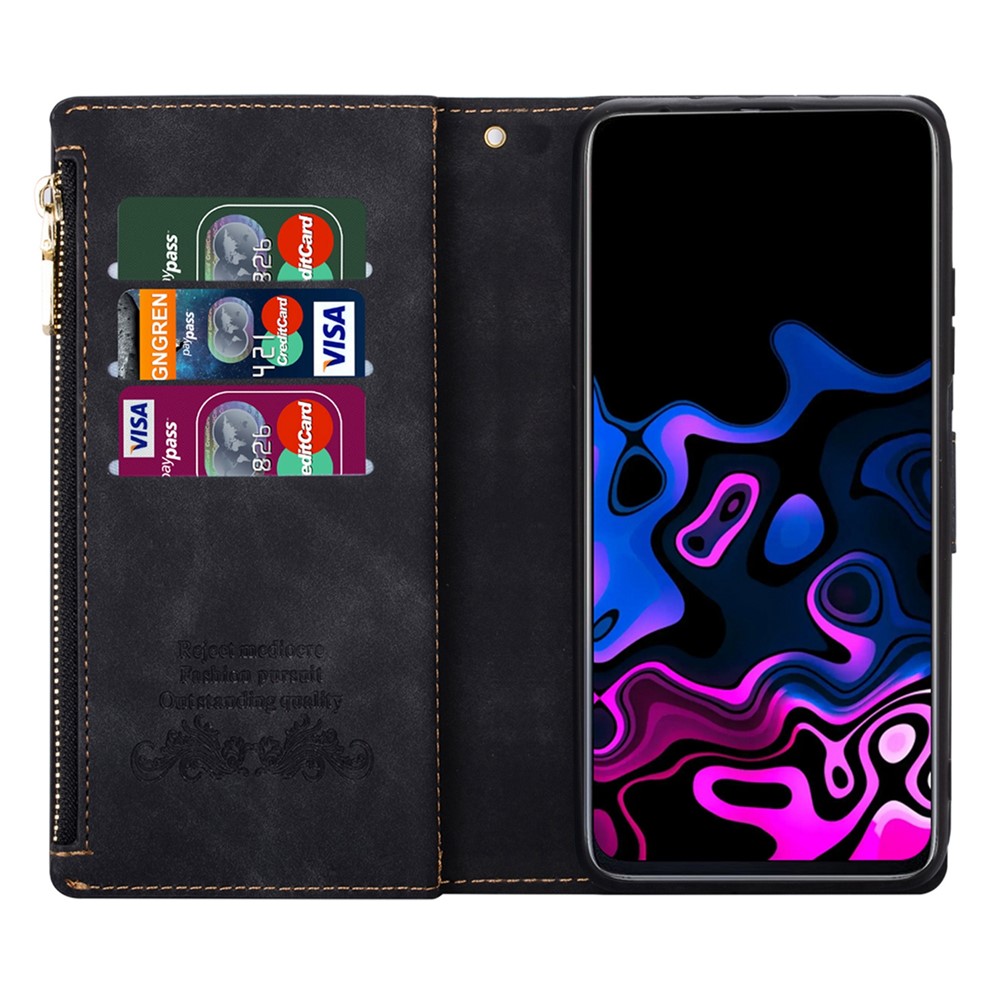Zipper Pocket Color Splicing Lines Design Case Well-protected PU Leather Wallet Stand Phone Cover for Samsung Galaxy S22 - Black-4