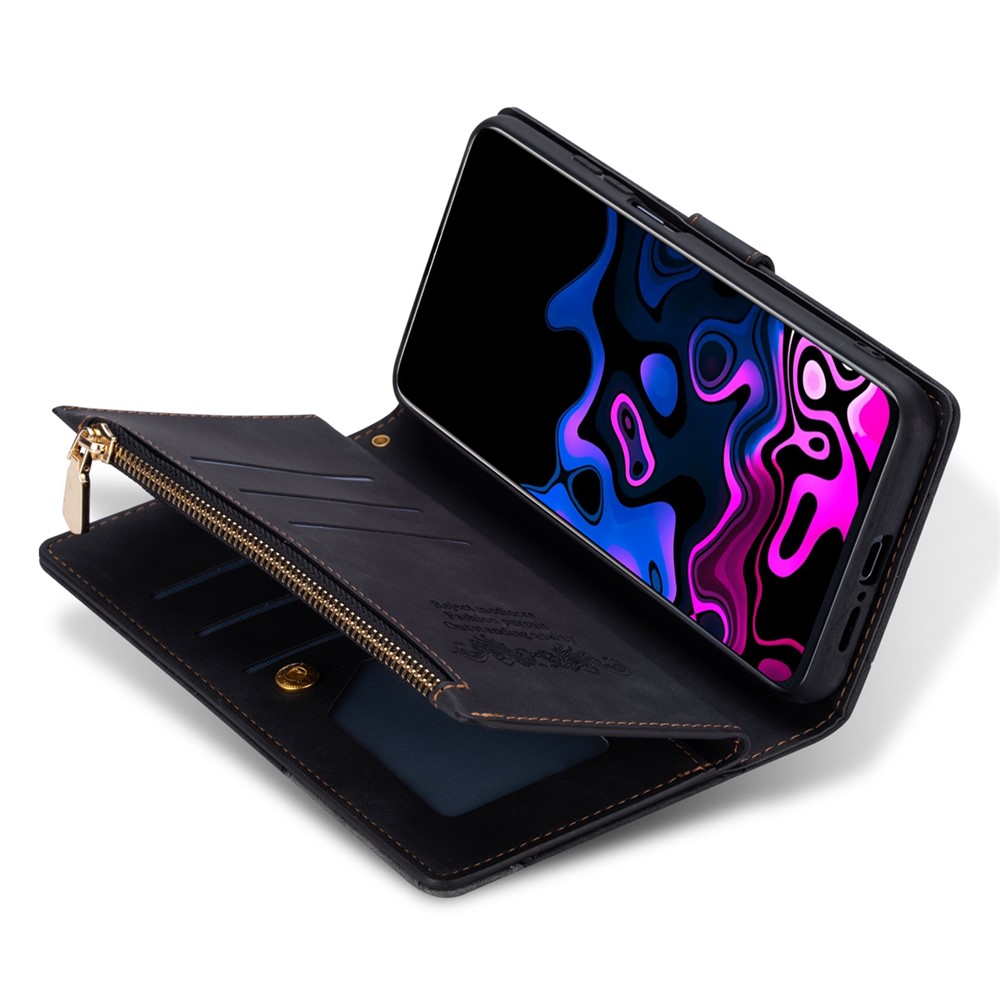 Zipper Pocket Color Splicing Lines Design Case Well-protected PU Leather Wallet Stand Phone Cover for Samsung Galaxy S22 - Black-7