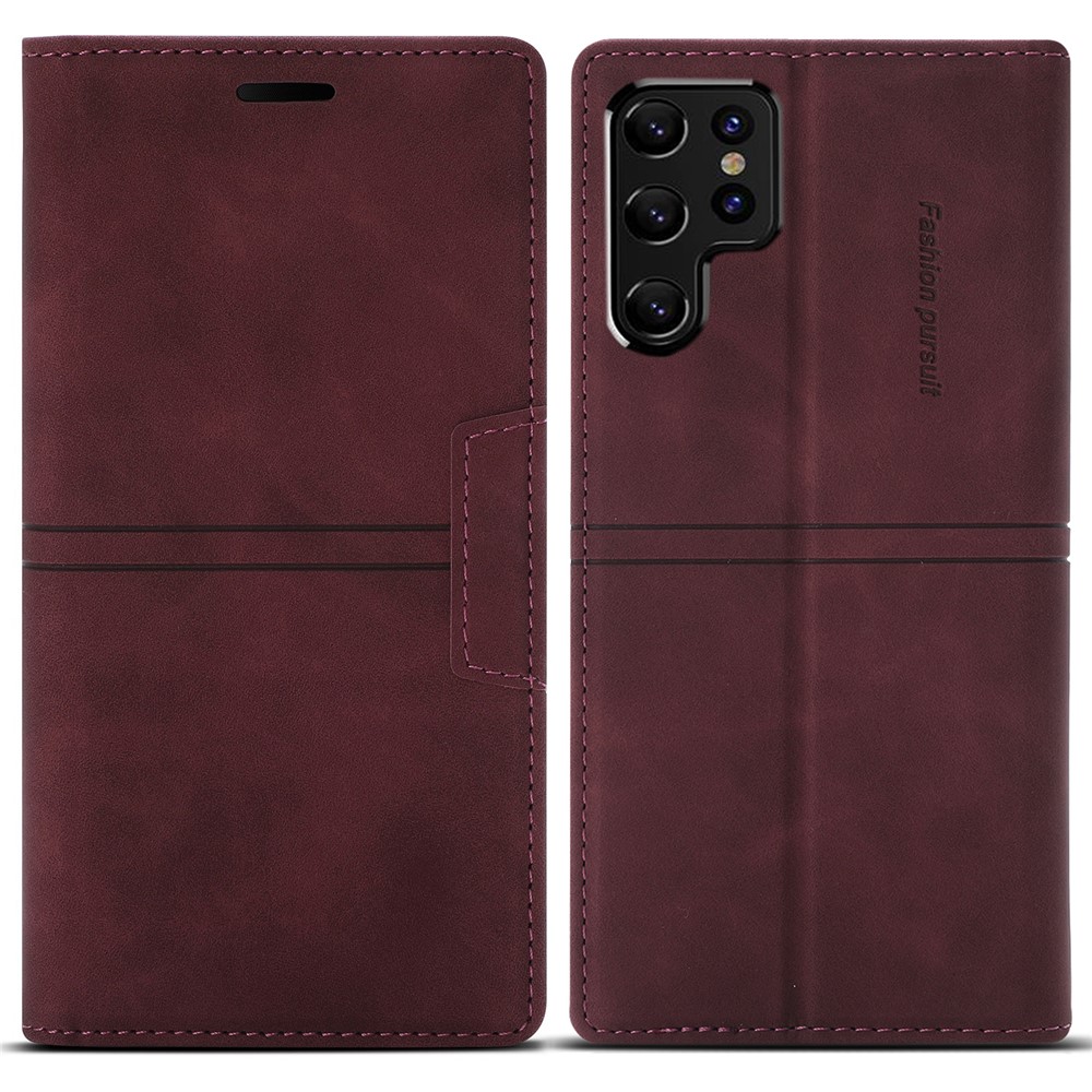 Auto-absorbed Fantasy Folio Flip Case Wallet TPU+PU Leather Phone Cover with Stand for Samsung Galaxy S22 Ultra - Wine Red-1