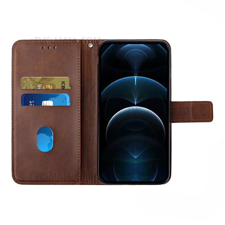 Stripes Imprinted PU Leather Magnetic Flip Cover Stand Feature Wallet Phone Case with Wrist Strap for Samsung Galaxy A13 5G - Coffee-5