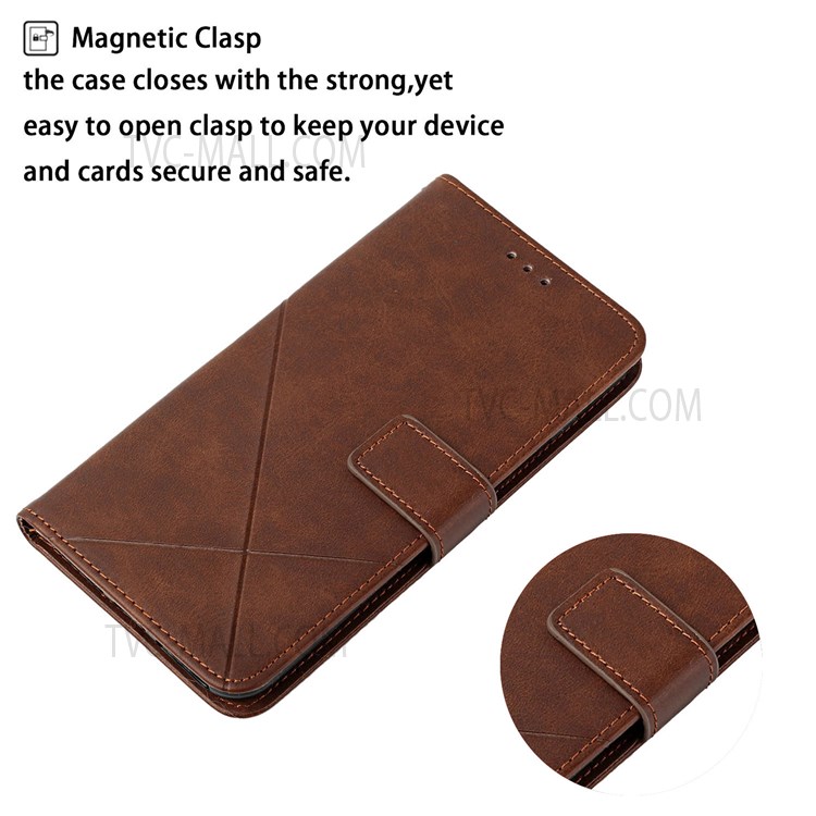 Stripes Imprinted PU Leather Magnetic Flip Cover Stand Feature Wallet Phone Case with Wrist Strap for Samsung Galaxy A13 5G - Coffee-6