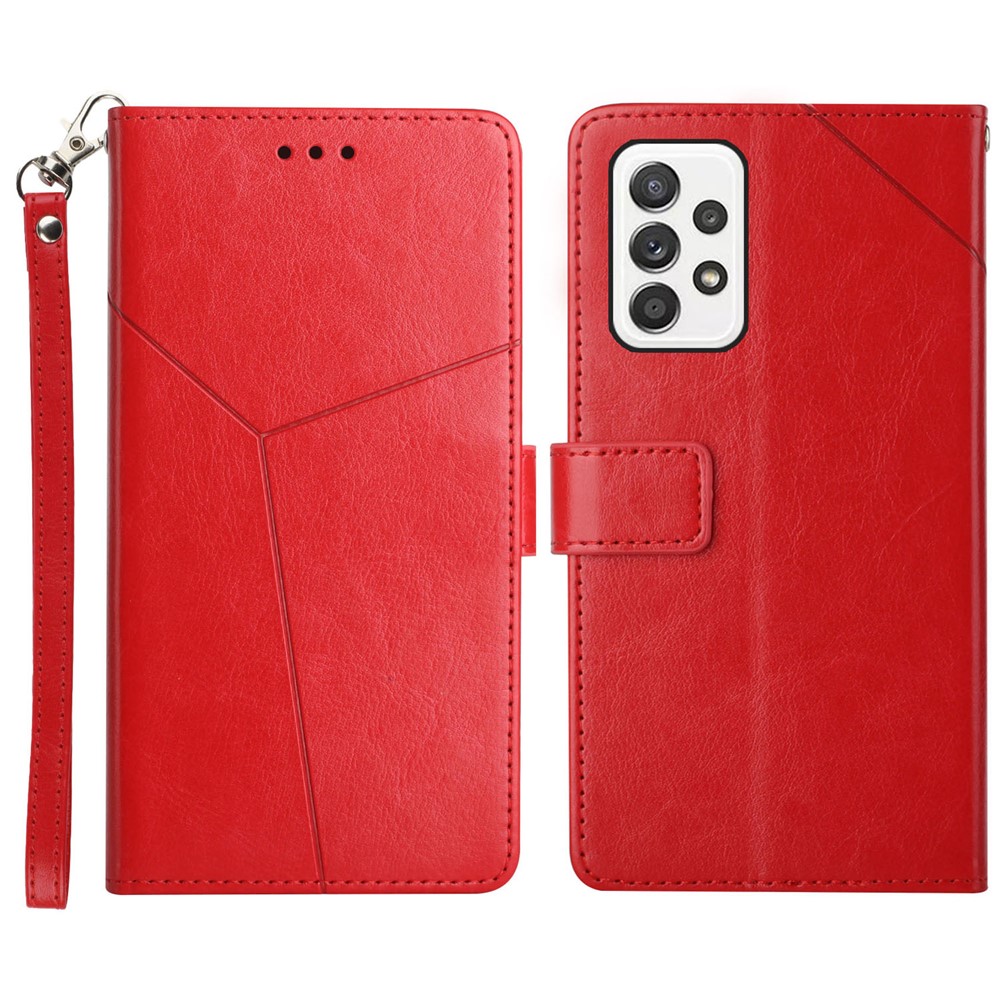 PU Leather Imprinted Y-shaped Lines Magnetic Supporting Stand Flip Wallet Phone Cover with Strap for Samsung Galaxy A53 5G - Red-1