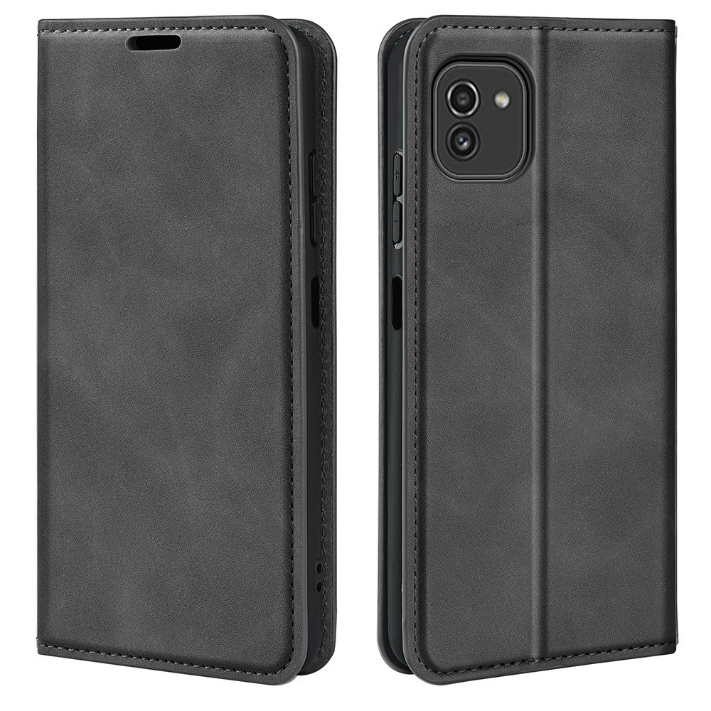 Skin-touch Magnetic Auto Closing Phone Shell Stand Wallet Flip PU Leather Cover for Samsung Galaxy A03 (EU Version) - Black-1