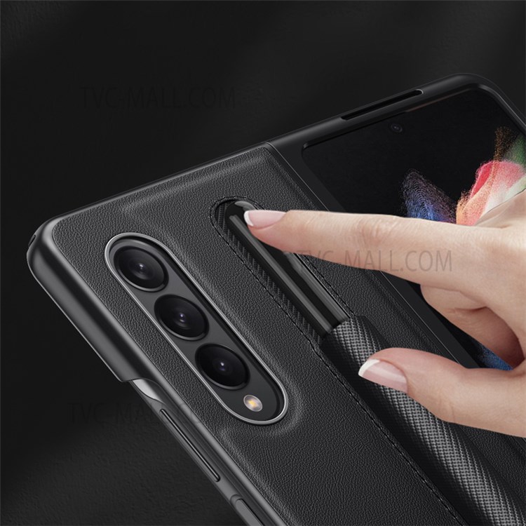 PU Leather Coated PC Case Large Cutouts with Pen Slot for Samsung Galaxy Z Fold3 5G - Classic Black-3