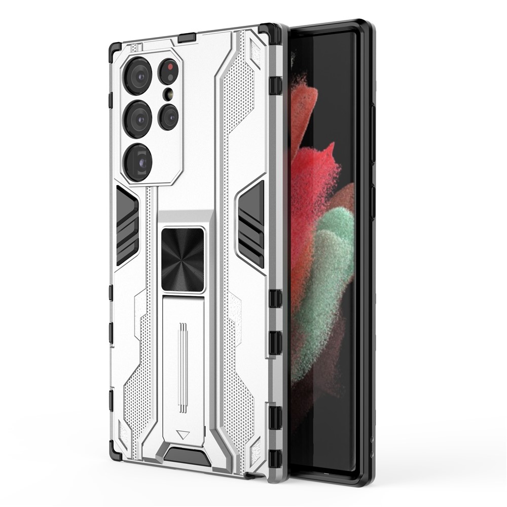 Anti-Fingerprint Hard PC + Soft TPU Shockproof Phone Cover with Kickstand for Samsung Galaxy S22 Ultra - Silver-1
