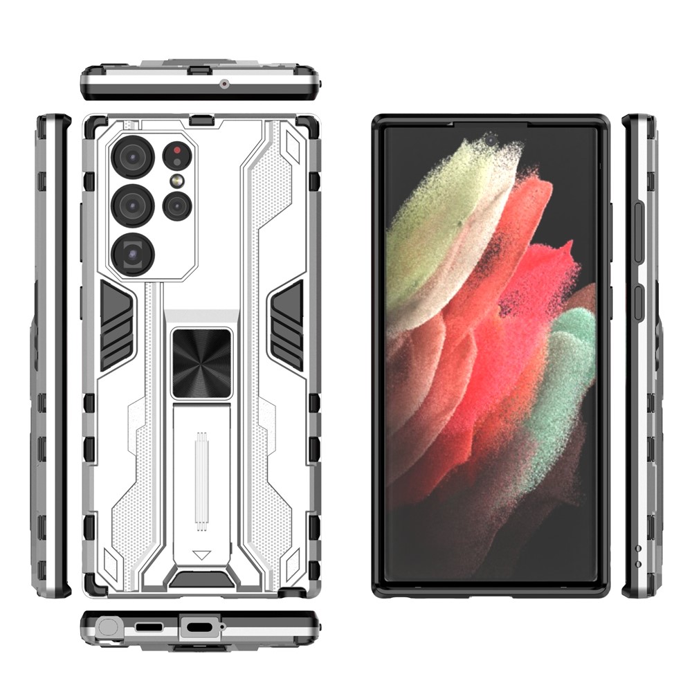 Anti-Fingerprint Hard PC + Soft TPU Shockproof Phone Cover with Kickstand for Samsung Galaxy S22 Ultra - Silver-5