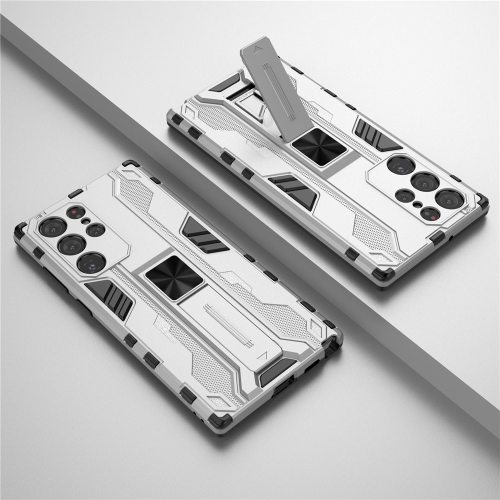 Anti-Fingerprint Hard PC + Soft TPU Shockproof Phone Cover with Kickstand for Samsung Galaxy S22 Ultra - Silver-6