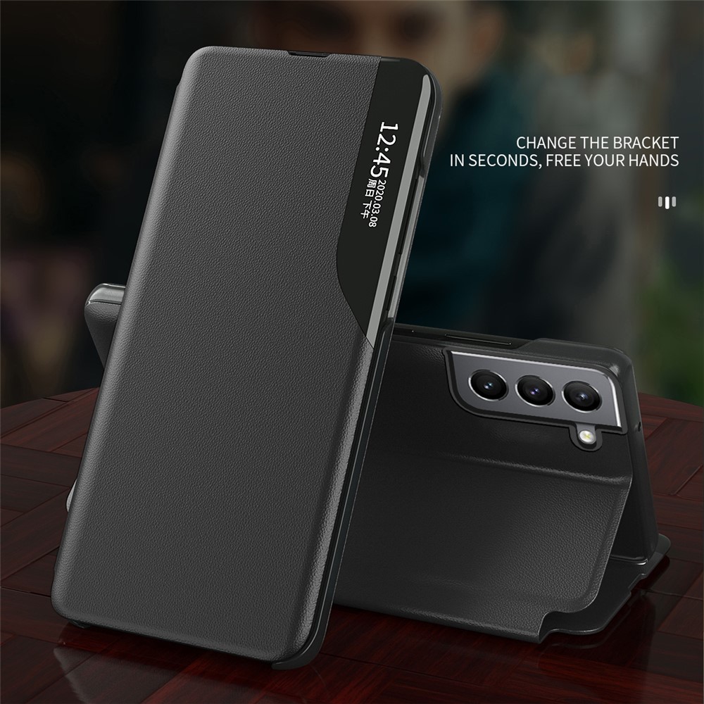 Smart View Window Stand Design PU Leather Well-protected Drop-proof Folio Flip Case Cover for Samsung Galaxy S22 - Black-4