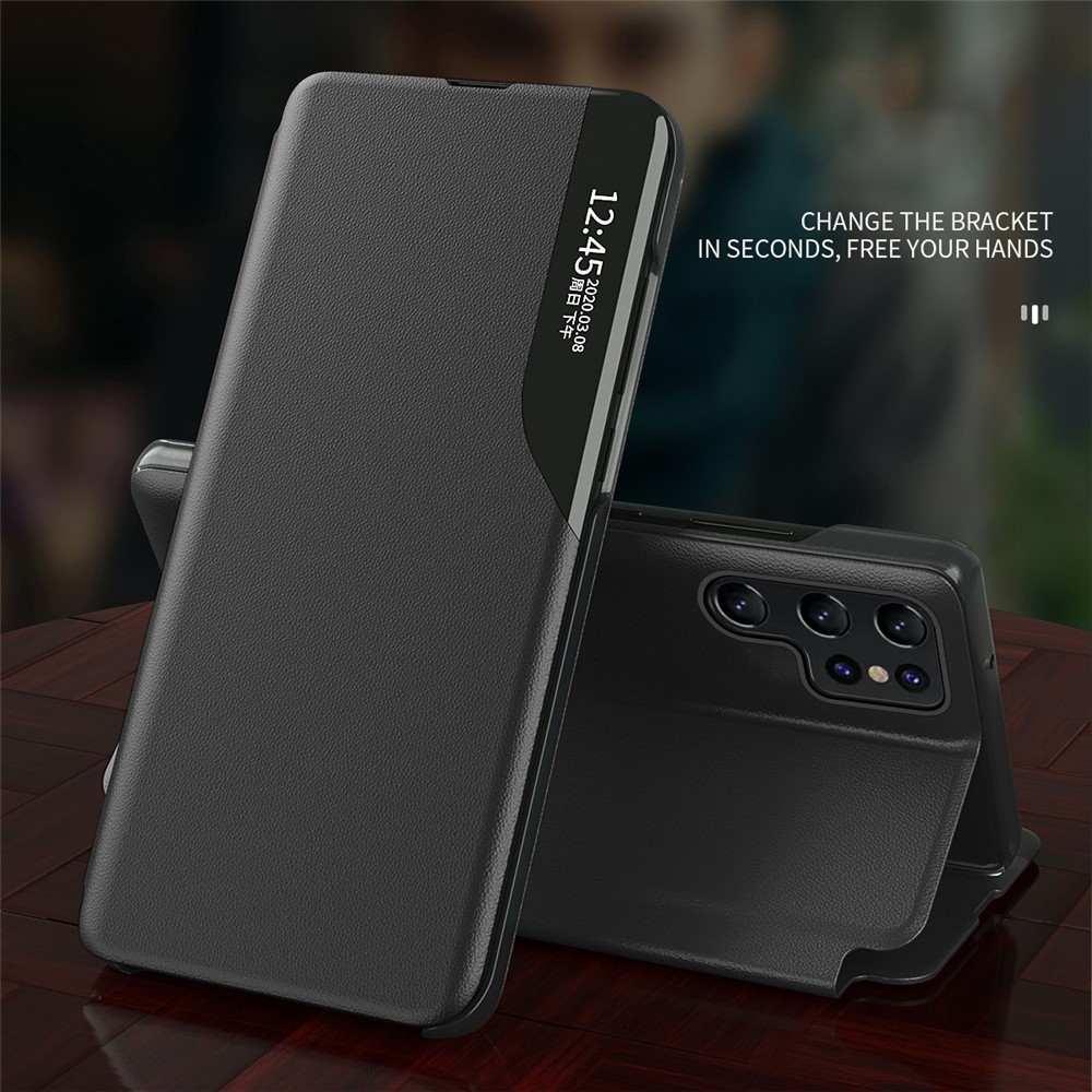 Light Slim Smart View Window Stand Design Case Anti-fall PU Leather Flip Cover for Samsung Galaxy S22 Ultra - Black-4