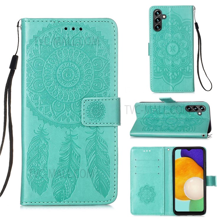 Dream Catcher Imprinted Full Body Protection Leather Phone Stand Case Wallet Cover with Strap for Samsung Galaxy A13 5G - Green-9